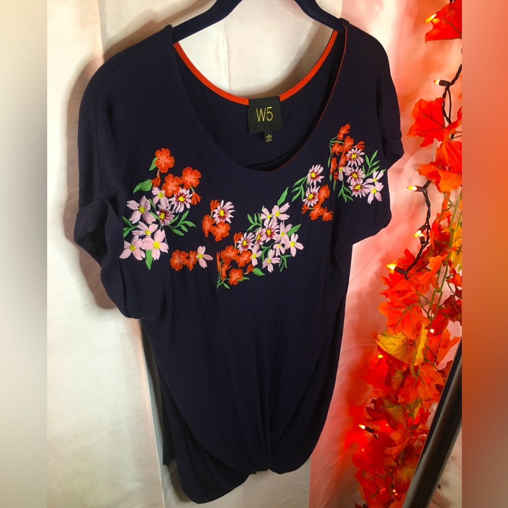 W5 | Women’s Navy Blue Blouse with Floral Embroidery
